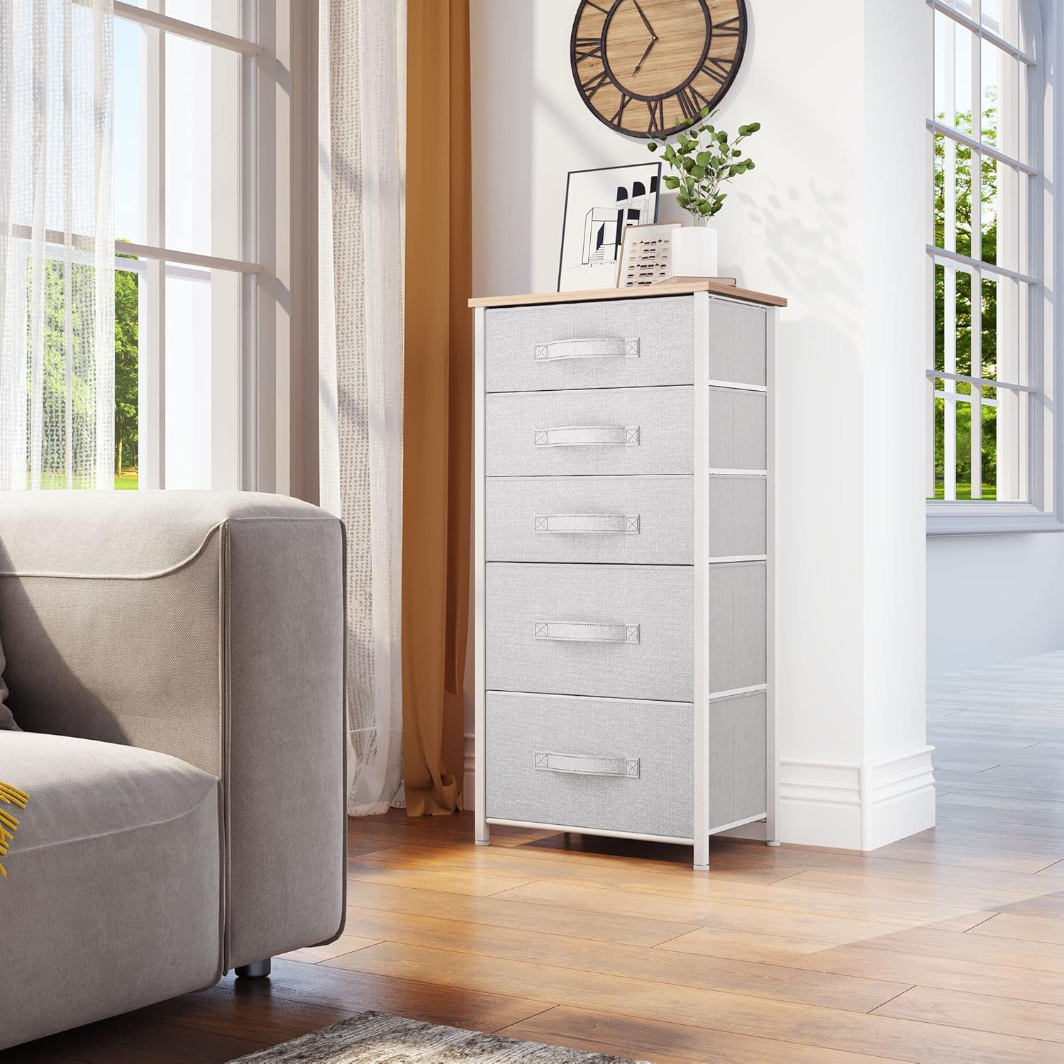 Tall 5 Drawer Dresser - Fabric Storage Tower, Organizer Unit for Bedroom, Living Room, Hallway, Closets