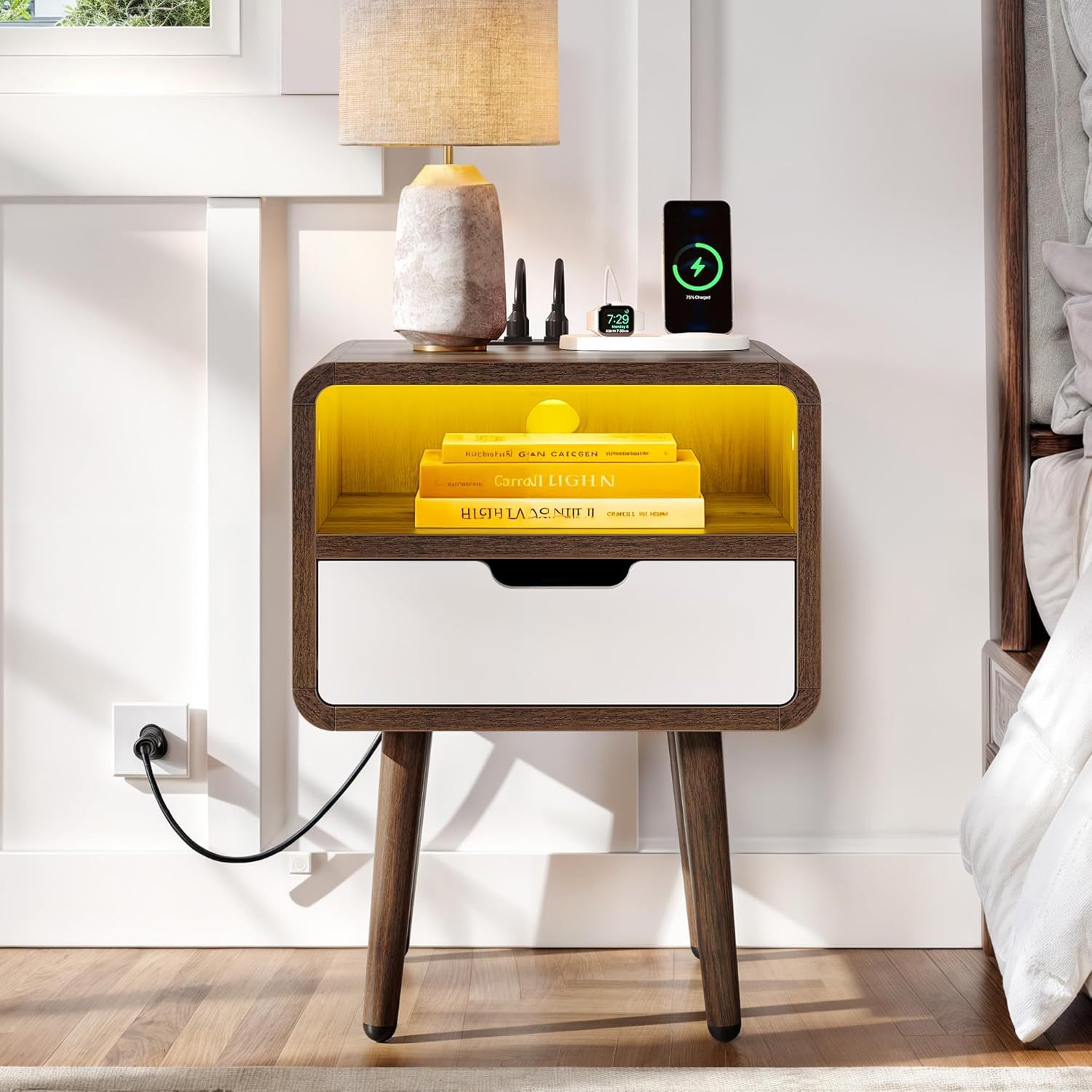 Small Nightstand with Charging Station, Wood Night Stand with Drawer for Bedroom, LED End Table Side Table with Open Shelf