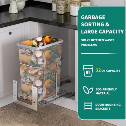 32 Quart Pull-Out Sliding Under Mount Kitchen Waste Garbage Container with Soft-Close Slides