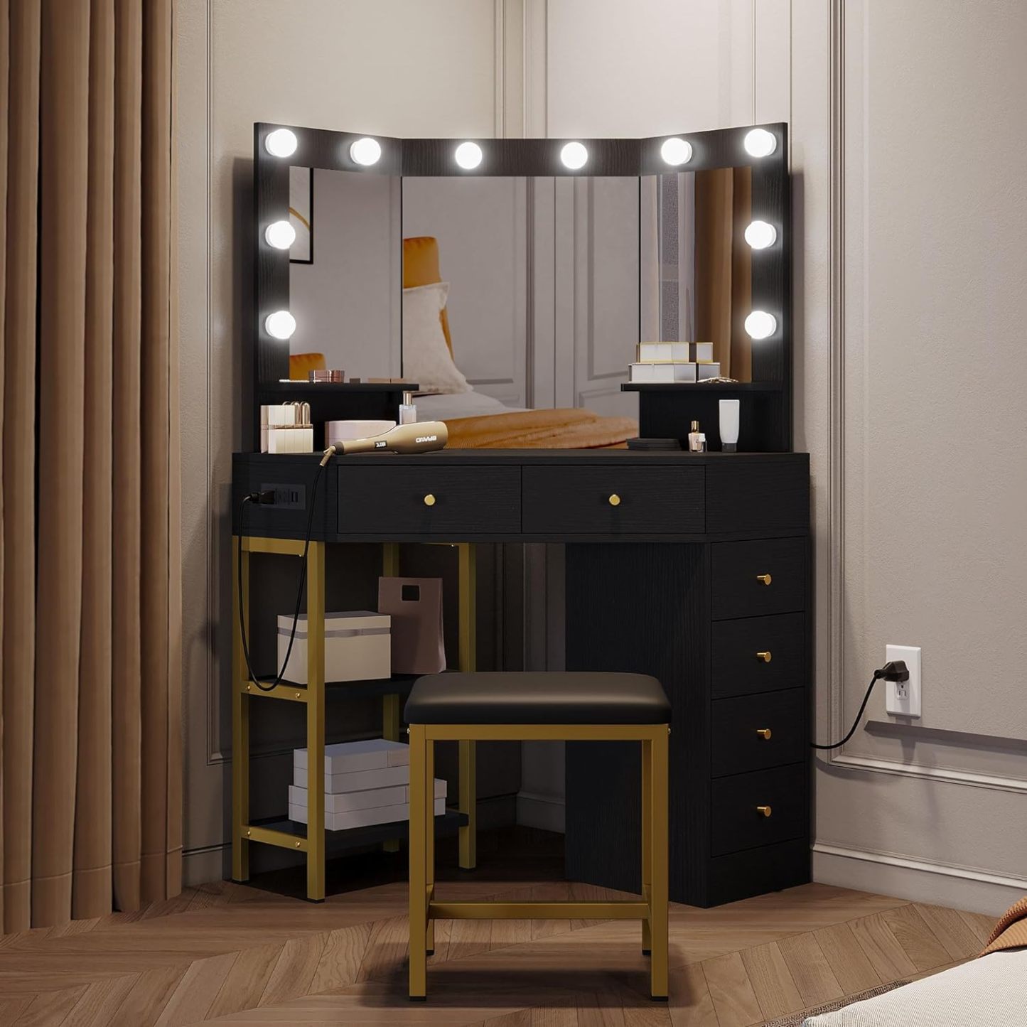 Makeup Vanity Desk w/Hollywood Bulbs Mirror & Power Outlet