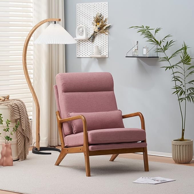 Accent Chair Mid-Century Modern Chair with Pillow High Back Upholstered Lounge Arm Chair