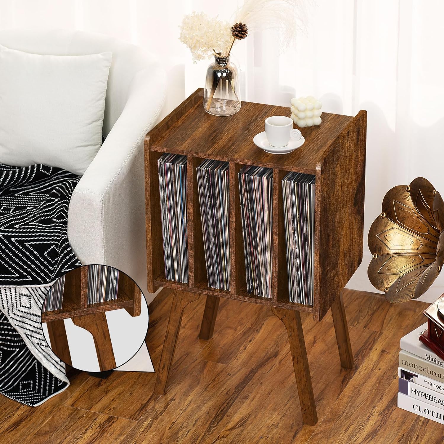 Record Player Stand with Storage Holds Up to 100 Albums, Turntable Stand with Beech Wood Legs, Mid-Century Record Player Table, Brown Vinyl Holder Display Shelf for Bedroom Living Room