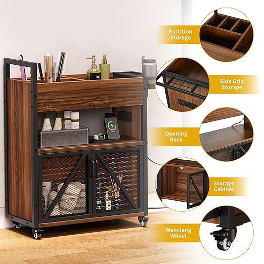 Salon Trolley Cart with Wheels - Salon Stations for Hair Stylist w/Charging Station and USB Ports