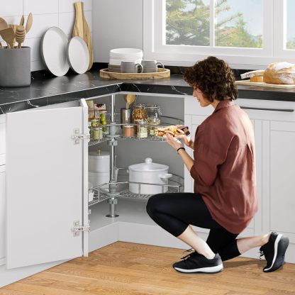 31-Inch Kidney Shaped Chrome Pie Cut 2-Shelf Lazy Susan Corner Organizer for Kitchen Cabinet Blind Corner Storage with Telescoping Mount