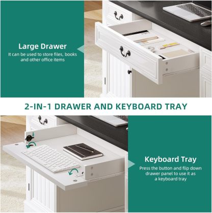 Executive Desk with Drawers, 59" Farmhouse Computer Desk with Power Outlets, Wood Office Desk with Storage Cabinet