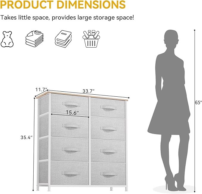 Dresser for Bedroom, Fabric Dresser with 8 Drawers, Tall Dresser, Double Dresser