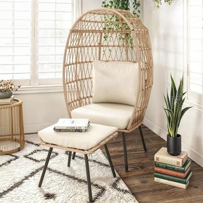 Outdoor Egg Chair with Ottoman for Outdoor Indoor, Wicker Egg Chair with Cushion
