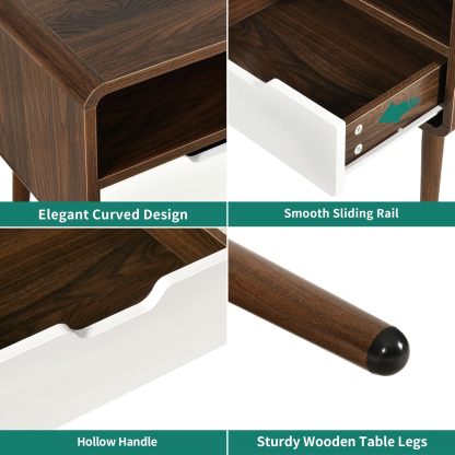 Small Nightstand with Charging Station, Wood Night Stand with Drawer for Bedroom, LED End Table Side Table with Open Shelf