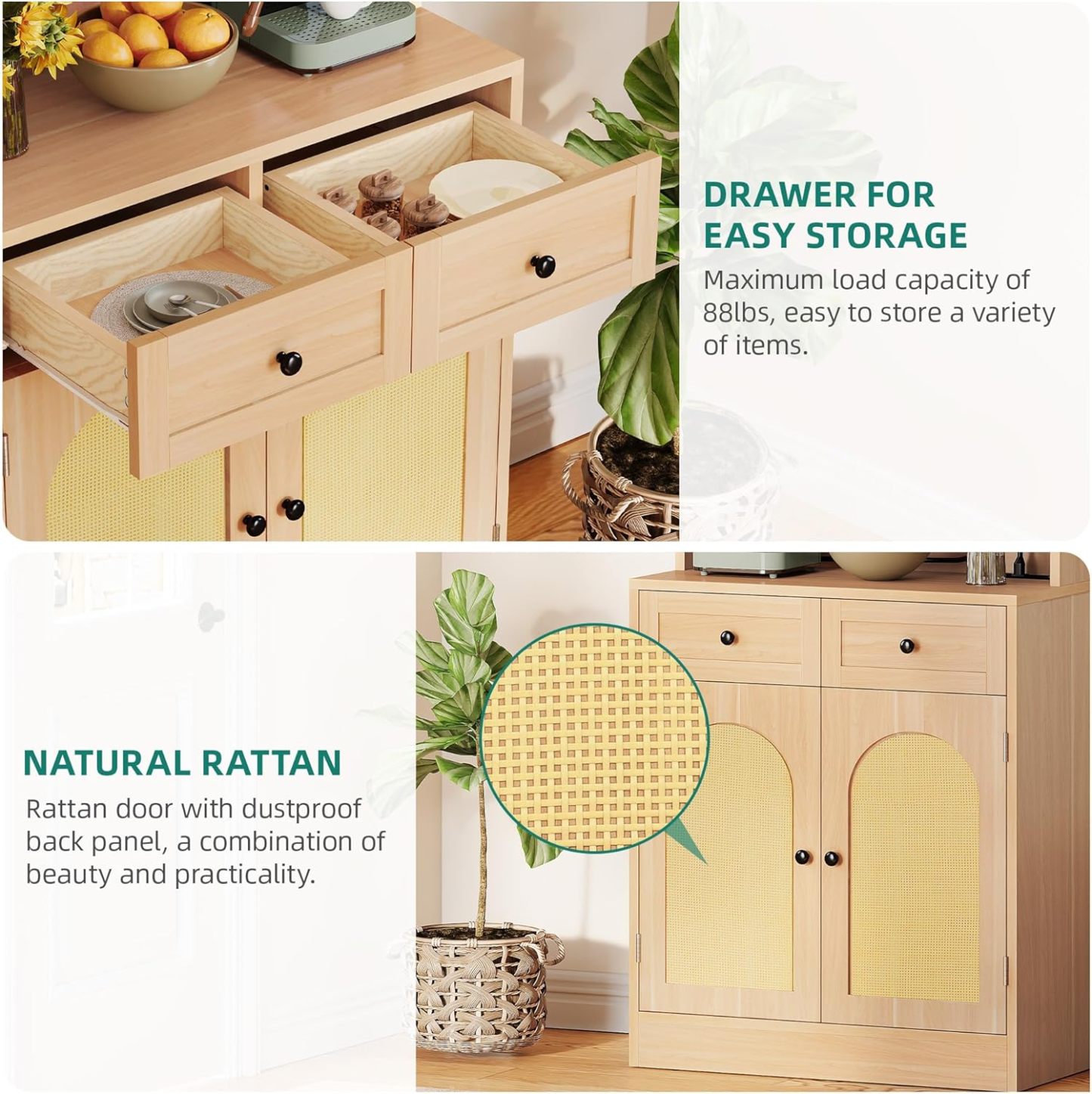 Kitchen Hutch Bakers Rack Cabinet, Coffee Bar Cabinet Kitchen Pantry Microwave Cabinet w/Power Outlet Rattan Storage Cabinet with Drawers and Shelves for Kitchen