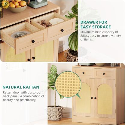 Kitchen Hutch Bakers Rack Cabinet, Coffee Bar Cabinet Kitchen Pantry Microwave Cabinet w/Power Outlet Rattan Storage Cabinet with Drawers and Shelves for Kitchen