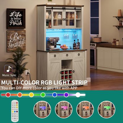 72" Farmhouse Bar Cabinet with Bottle Rack and Wine Glass Holder, Large Kitchen Buffet with Shelves, Wine Cabinet with 3 Drawers,Coffee Bar Sideboard with LED Lights