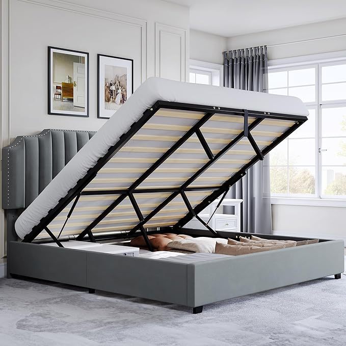 King Size Lift Up Storage Bed Frame with Adjustable Upholstered Platform Headboard