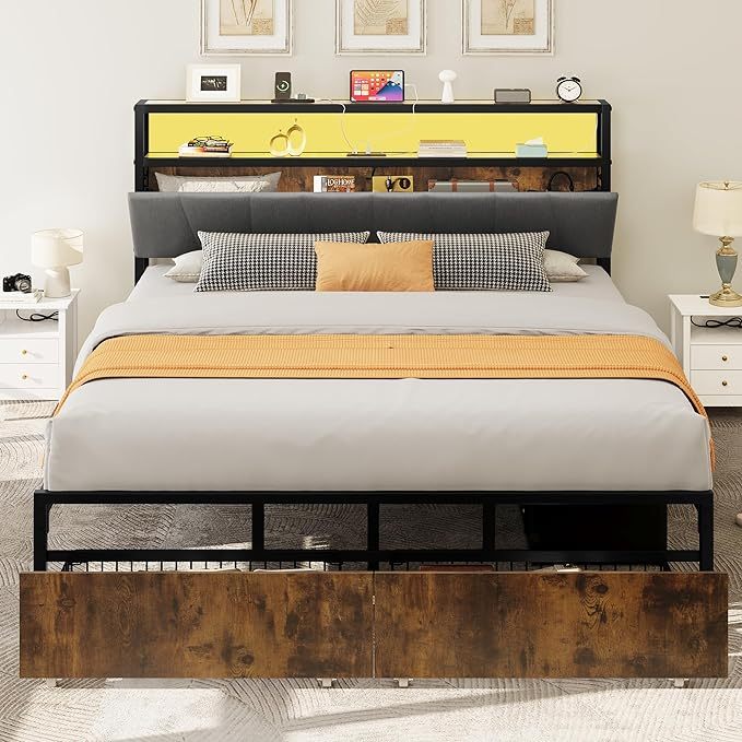 Storage Bed Frame Queen Size, LED Bed Frame with Storage Headboard & Charging Station