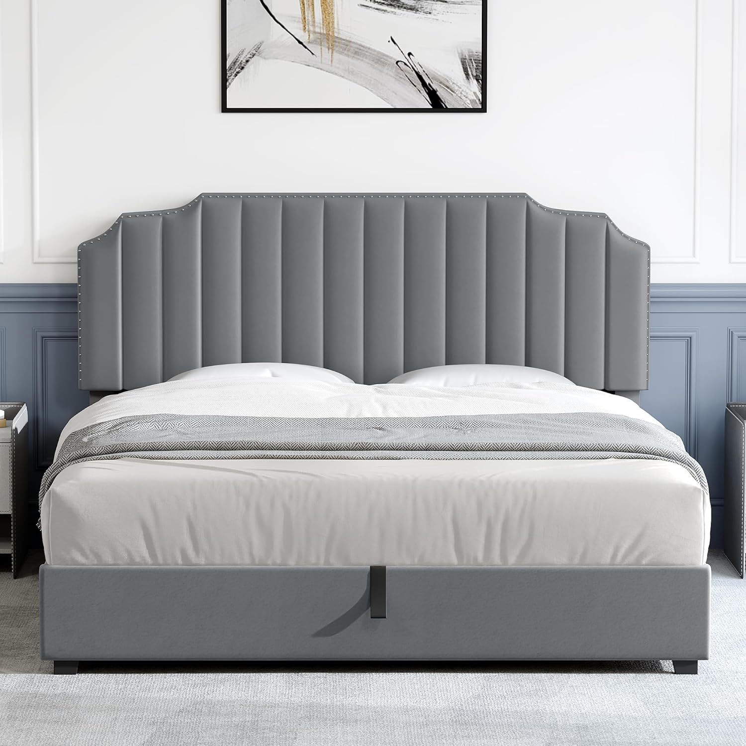 King Size Lift Up Storage Bed Frame with Adjustable Upholstered Platform Headboard