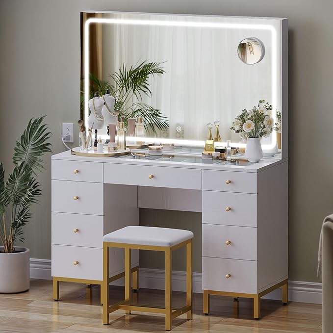 Vanity Desk Set with Large LED Lighted and Mirror & Power Outlet