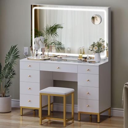 Vanity Desk Set with Large LED Lighted and Mirror & Power Outlet