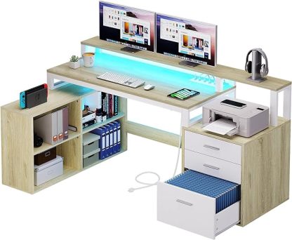 L Shaped Desk with Power Outlets, 65" Computer Desk Corner Desk with Drawers & Storage Shelves