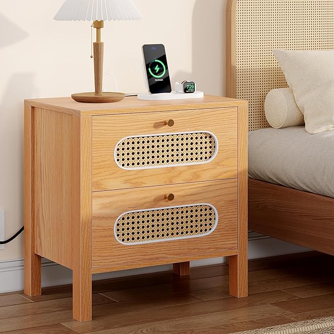 Natural Rattan Nightstands Set of 2 with Charging Station