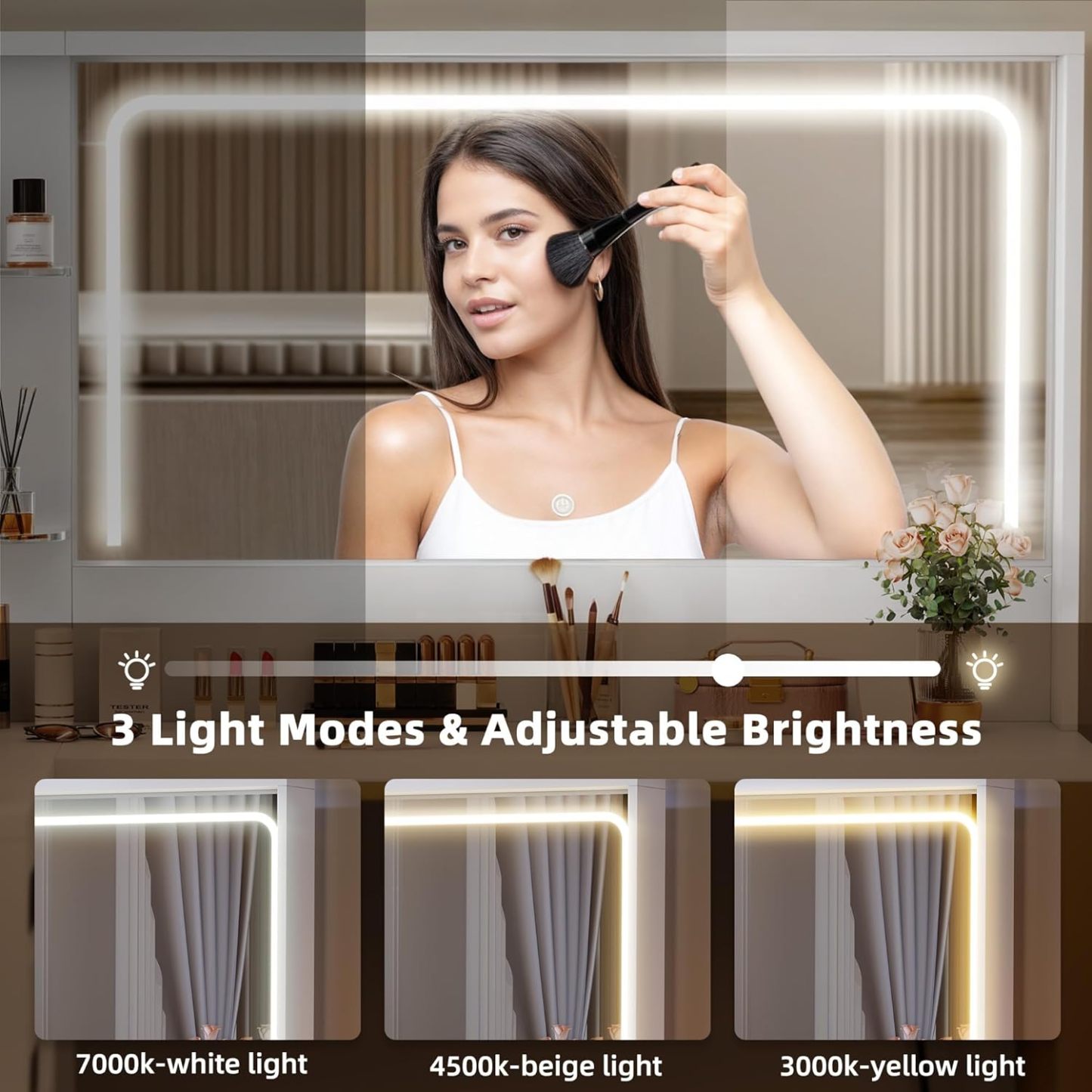 Vanity Desk Set- L Makeup Vanity with Mirror and Lights 3 Lighting Modes, 48" Large Dressing Table with 5 Tempered Glass Drawers with Open Storage Shelves Vanity Table, White