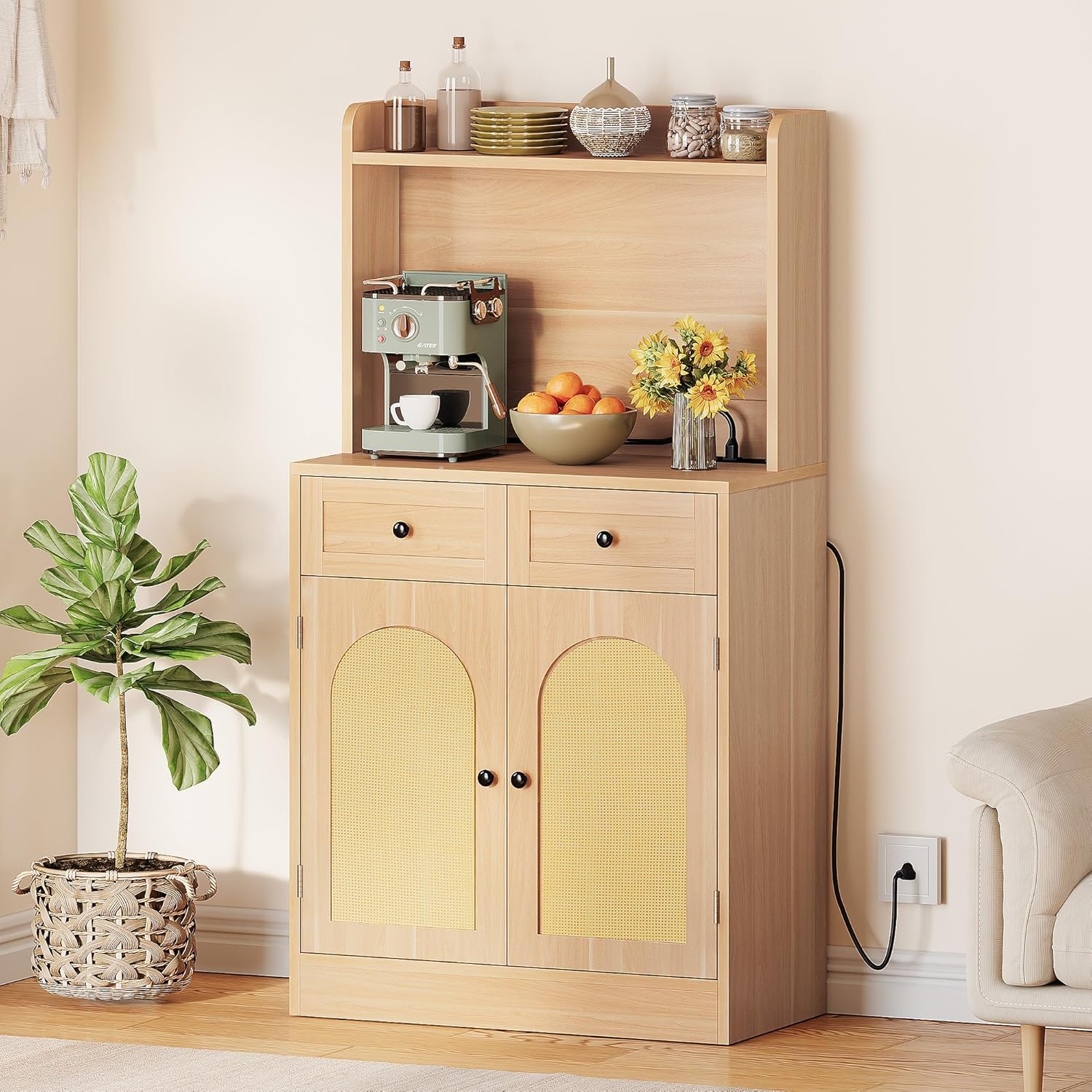 Kitchen Hutch Bakers Rack Cabinet, Coffee Bar Cabinet Kitchen Pantry Microwave Cabinet w/Power Outlet Rattan Storage Cabinet with Drawers and Shelves for Kitchen