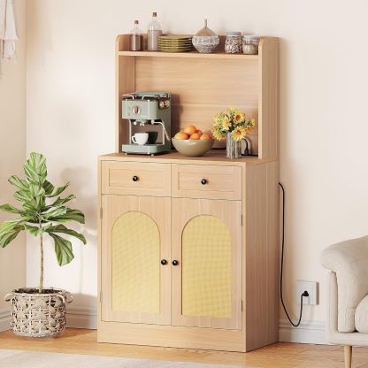 Kitchen Hutch Bakers Rack Cabinet, Coffee Bar Cabinet Kitchen Pantry Microwave Cabinet w/Power Outlet Rattan Storage Cabinet with Drawers and Shelves for Kitchen