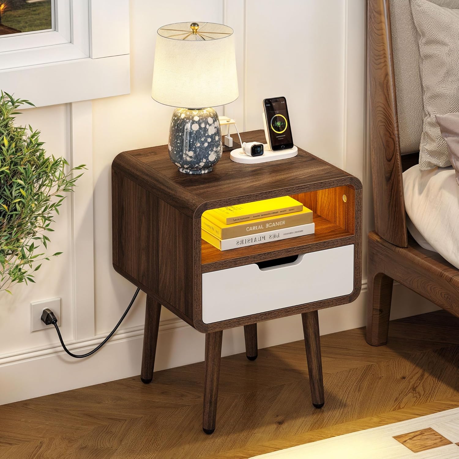 Small Nightstand with Charging Station, Wood Night Stand with Drawer for Bedroom, LED End Table Side Table with Open Shelf