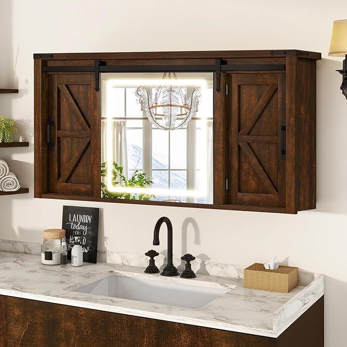 Farmhouse Medicine Cabinet Mirror with Lights, Bathroom Wall Cabinet w/Rustic Sliding Barn Door