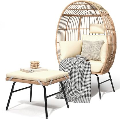 Outdoor Egg Chair with 2-in-1 Footrest, Patio Wicker Basket Chair with Ottoman