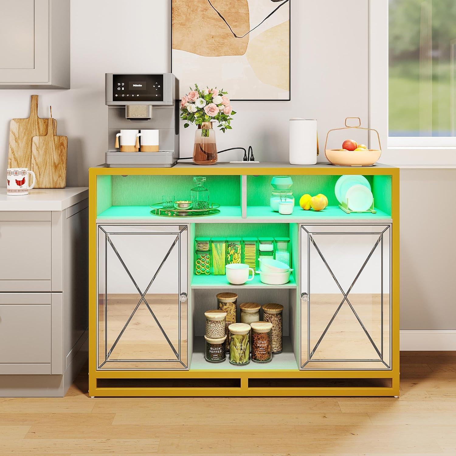 Bar Cabinet with Power Outlets, Coffee Bar Cabinet w/Led Lights and Removable Wine Rack, Storage Buffet Cabinet for Liquor