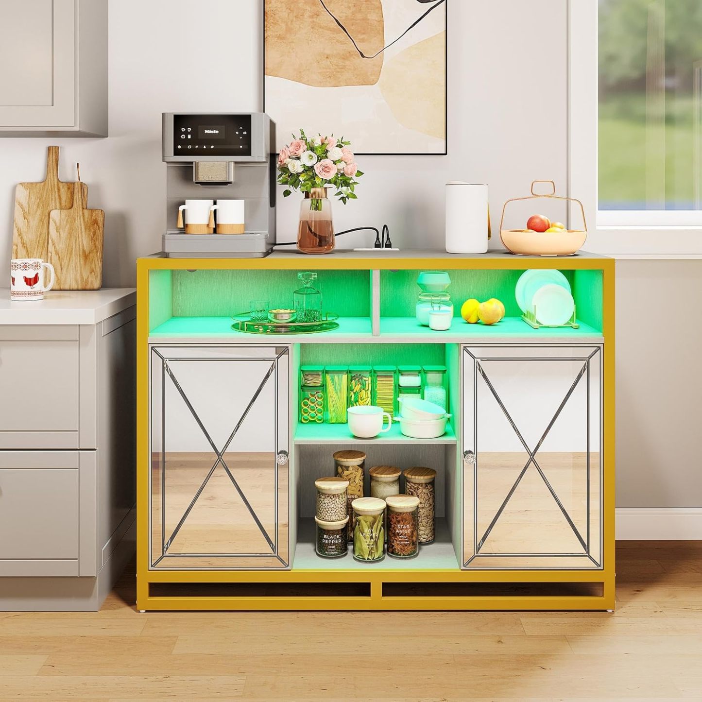 Bar Cabinet with Power Outlets, Coffee Bar Cabinet w/Led Lights and Removable Wine Rack, Storage Buffet Cabinet for Liquor