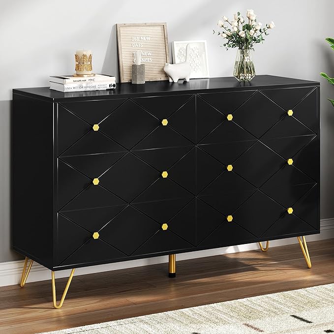 Upgrade Large 6 Drawer Dresser, Black Wood Dresser Chest of Drawers with Fluted Panels