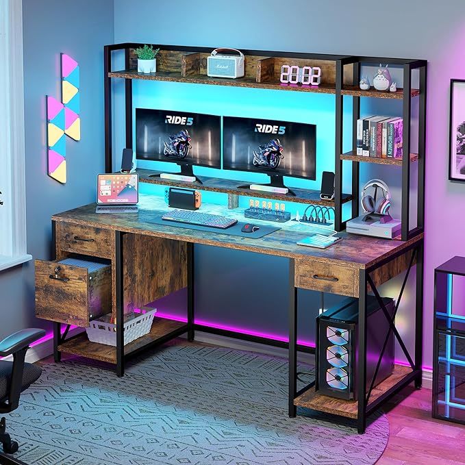 Computer Desk with Drawers & Hutch, 59.1" Office Desk with Power Outlets & LED Lights
