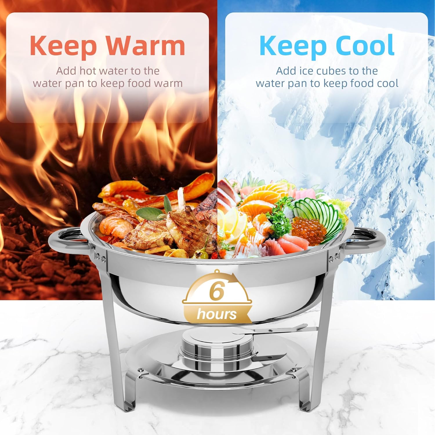 Chafing Dishes for Buffet, 5QT Round Chafing Dishes for Buffet with Lid & Lid Holder, Stainless Steel Chafers and Buffet Warmers Sets