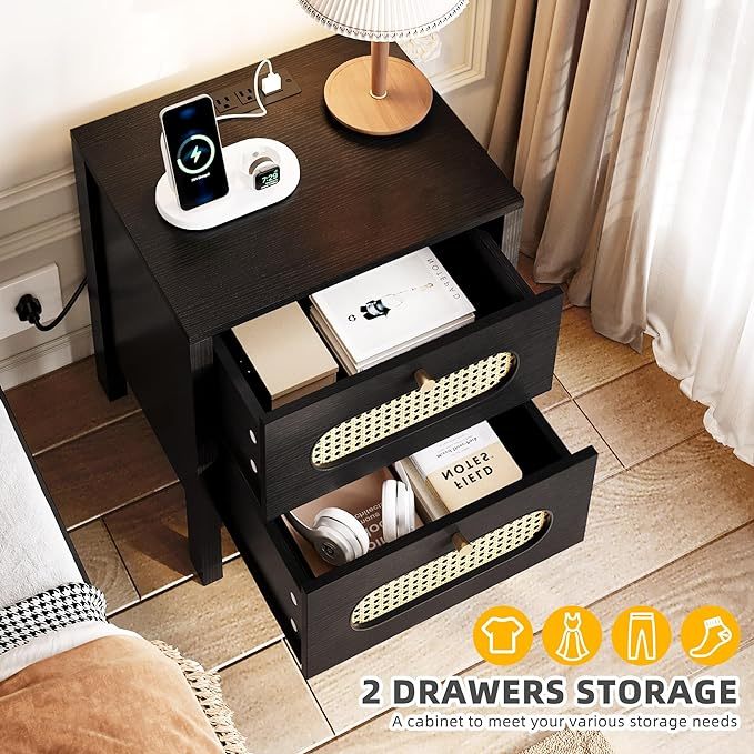 Natural Rattan Nightstands Set of 2 with Charging Station