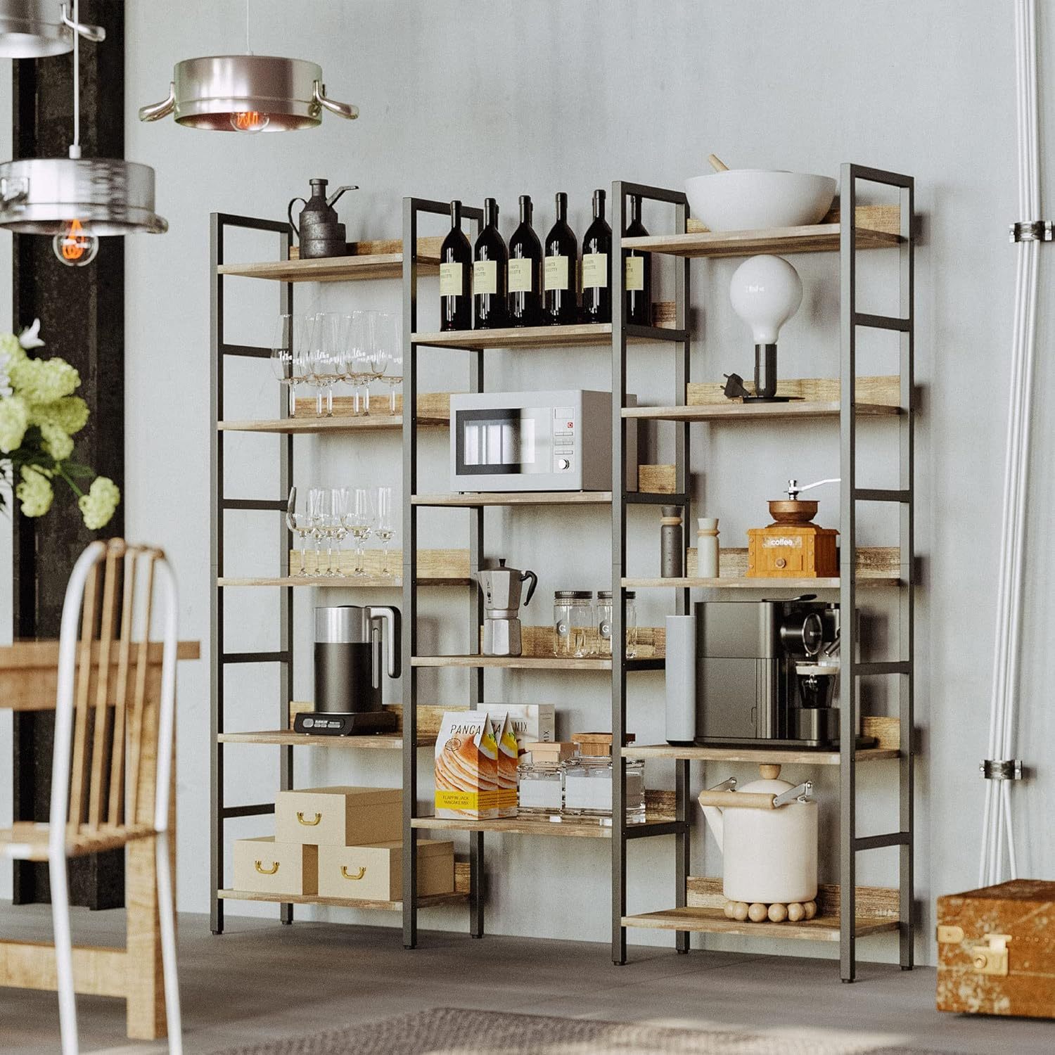 Bookcases and Bookshelves Triple Wide 5 Tiers Industrial Bookshelf with Baffles Large Etagere Bookshelf with Metal Frame for Living Room Home Office