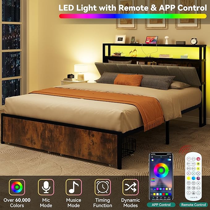Storage Bed Frame Queen Size, LED Bed Frame with Storage Headboard & Charging Station