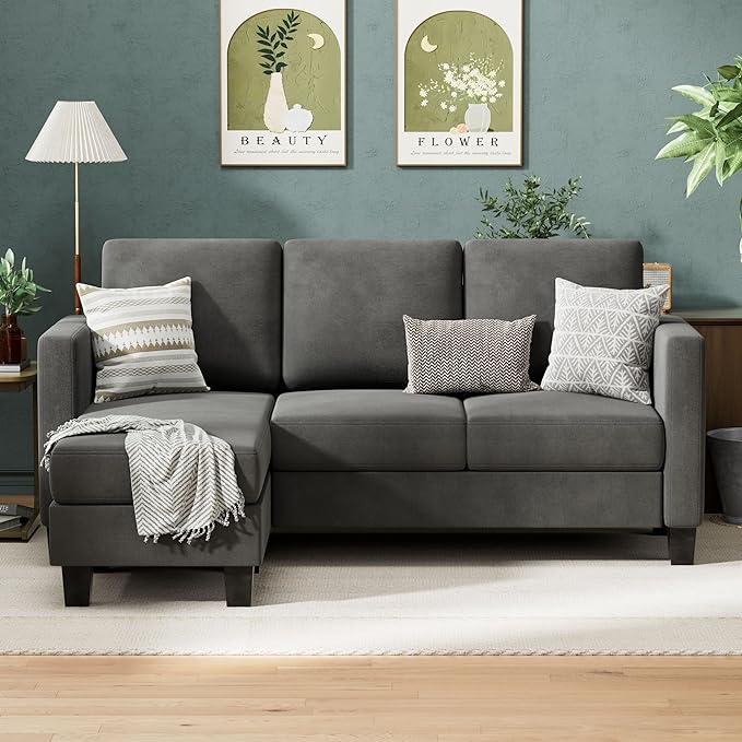 Convertible Sectional Sofa Couch, 3 Seat L-Shaped Sofa with Linen Fabric, Movable Ottoman