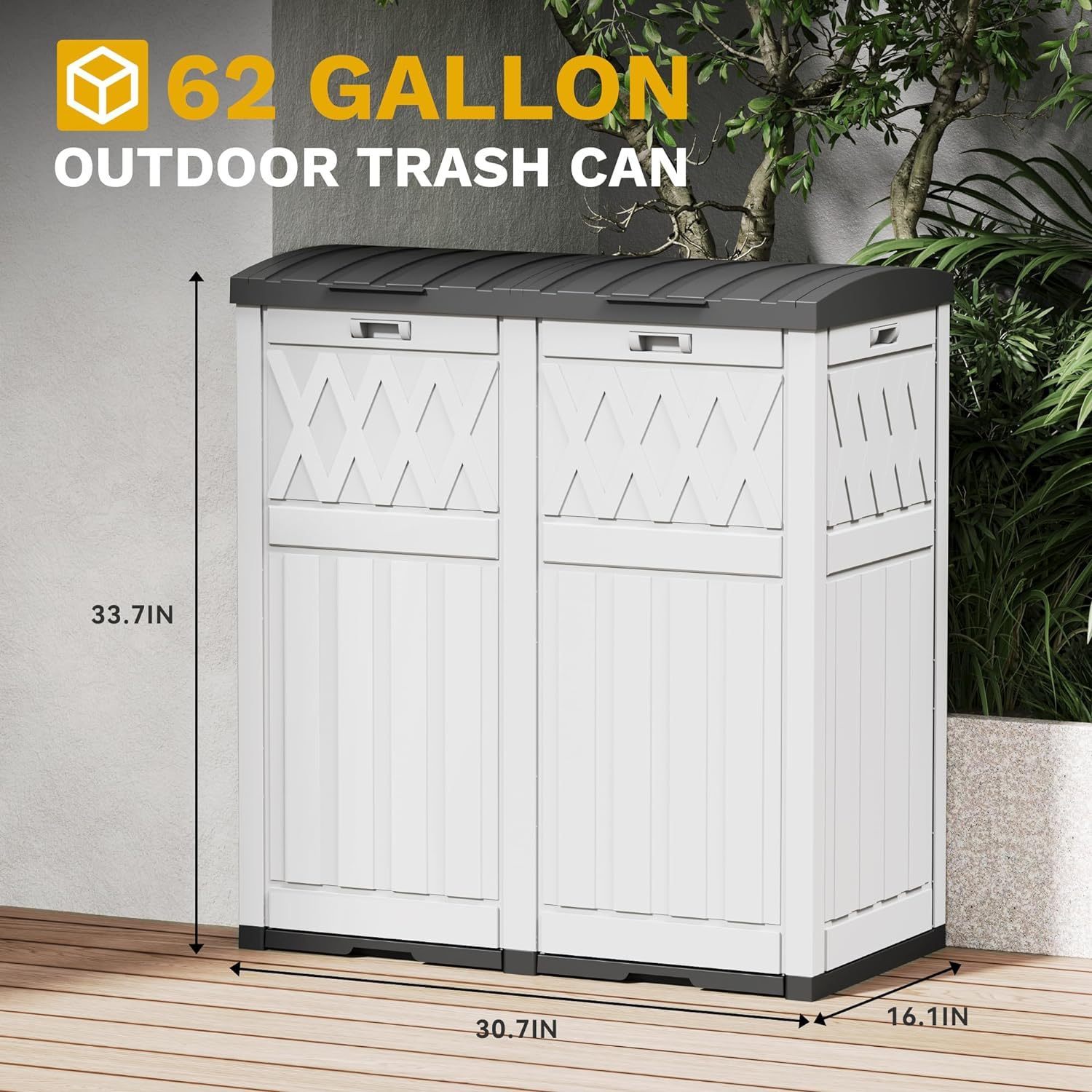 66 Gallon Double-Bin Outdoor Trash Can, Waterproof Resin Garbage Can