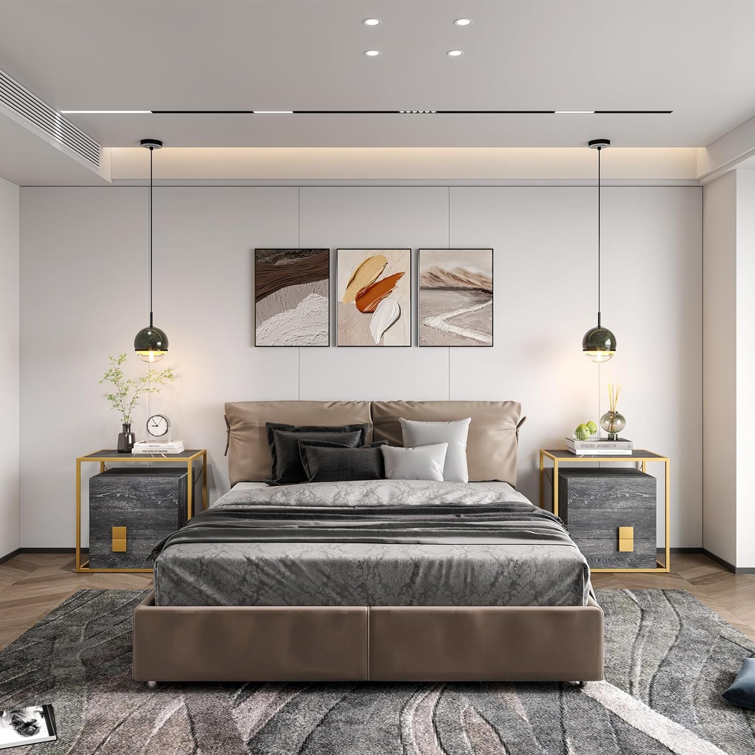 28 Inch Nightstand with 3 Drawers Black Sintered Slate Top Gold Metal Frame Night Stand