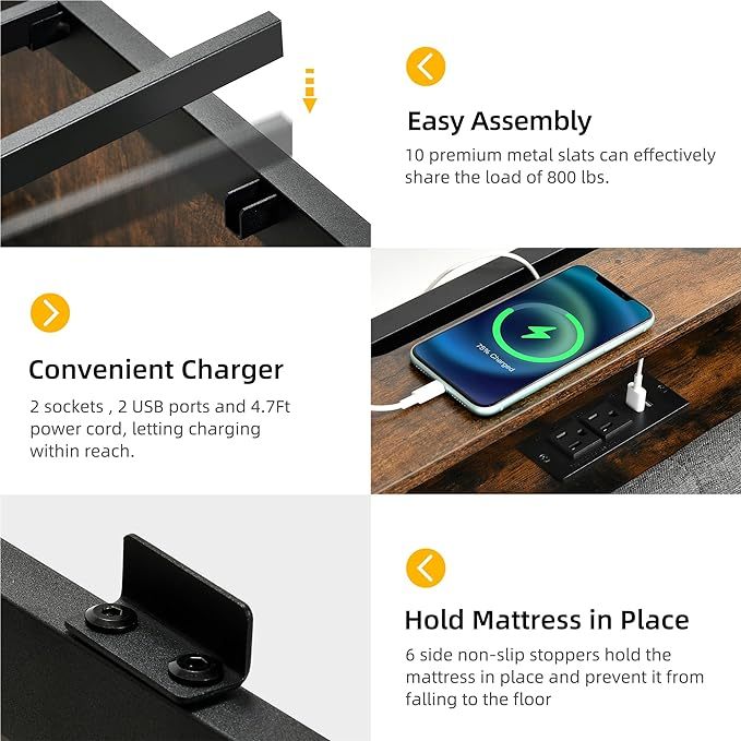 Queen Size Bed Frame, Upholstered Platform Bed Frame with Charging Station