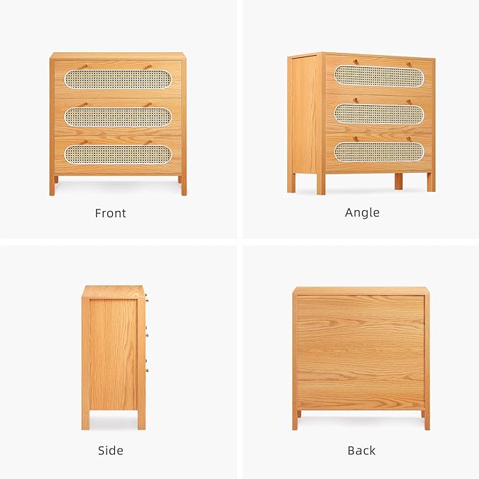 Natural Rattan Wood Drawer Dresser Set of 2 with Spacious Storage