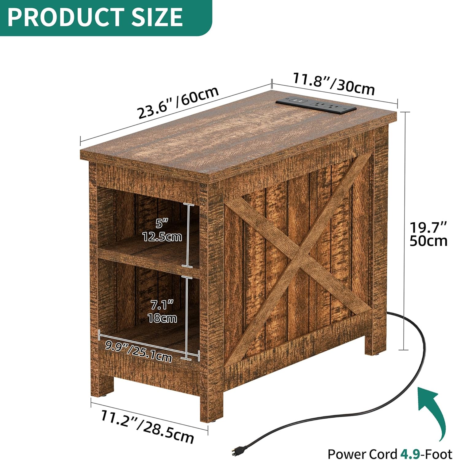 End Table with Charging Station, Farmhouse Narrow Side Table with Storage Shelf