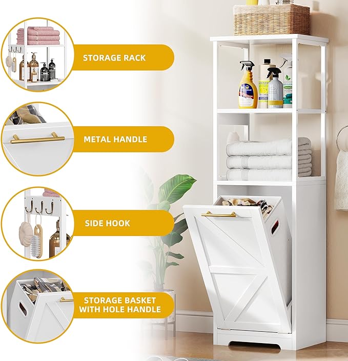 Tilt Out Laundry Hamper, Hidden Laundry Hamper Cabinet and 3-Tier Storage Shelves with Removable Laundry Basket