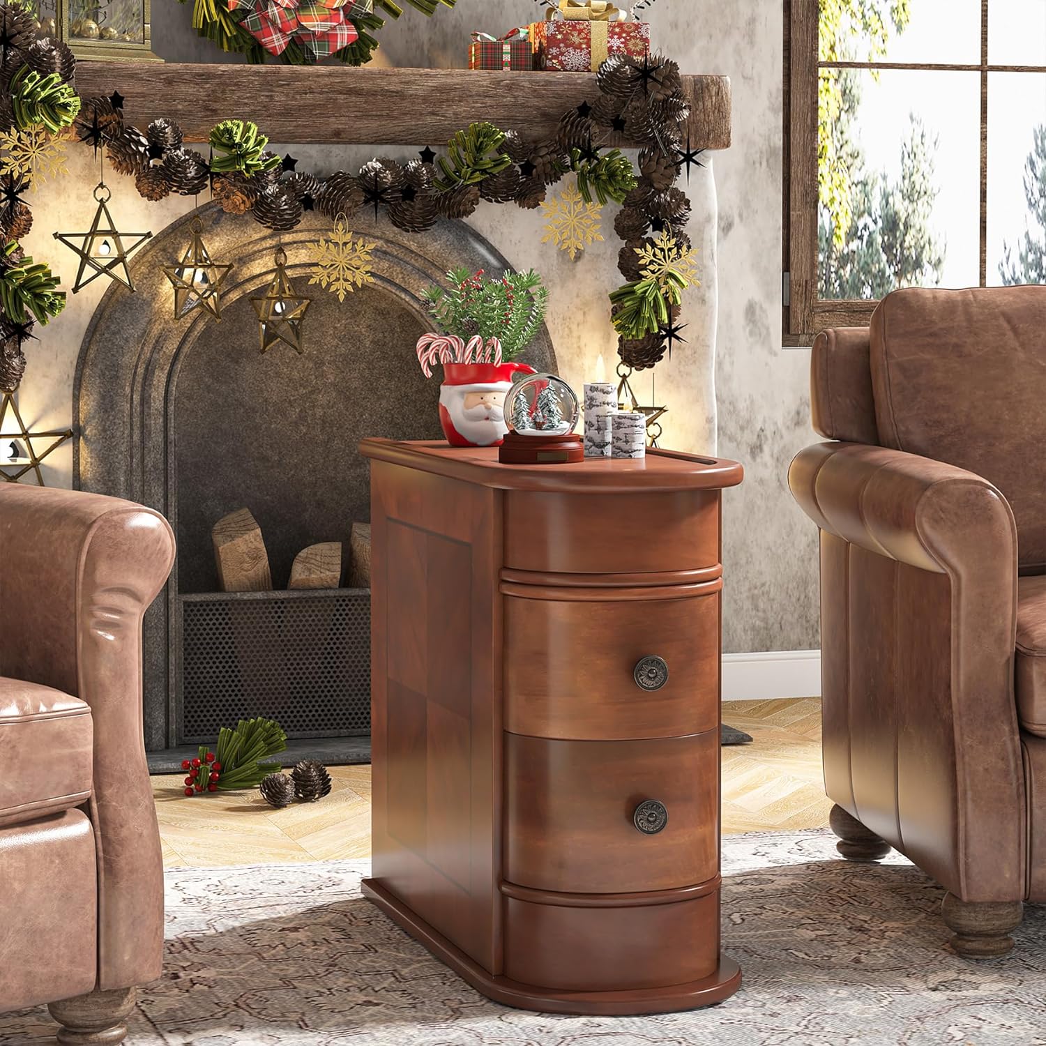 Solid Wood End Table, 2-Drawer Narrow Side Table