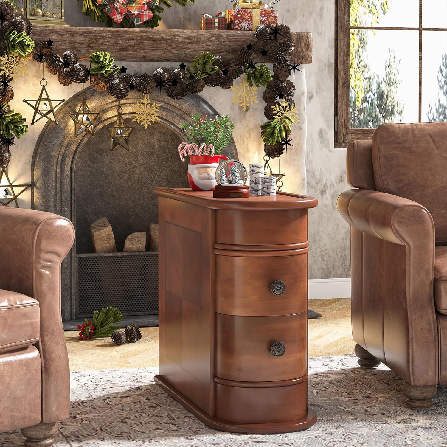 Solid Wood End Table, 2-Drawer Narrow Side Table