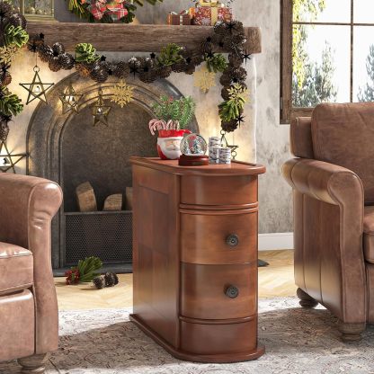 Solid Wood End Table, 2-Drawer Narrow Side Table