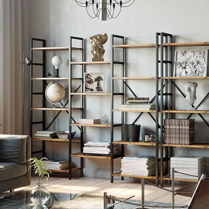 Bookcases and Bookshelves Triple Wide 5 Tiers Industrial Bookshelf, Large Etagere Bookshelf Open Display Shelves with Metal Frame for Living Room Bedroom Home Office