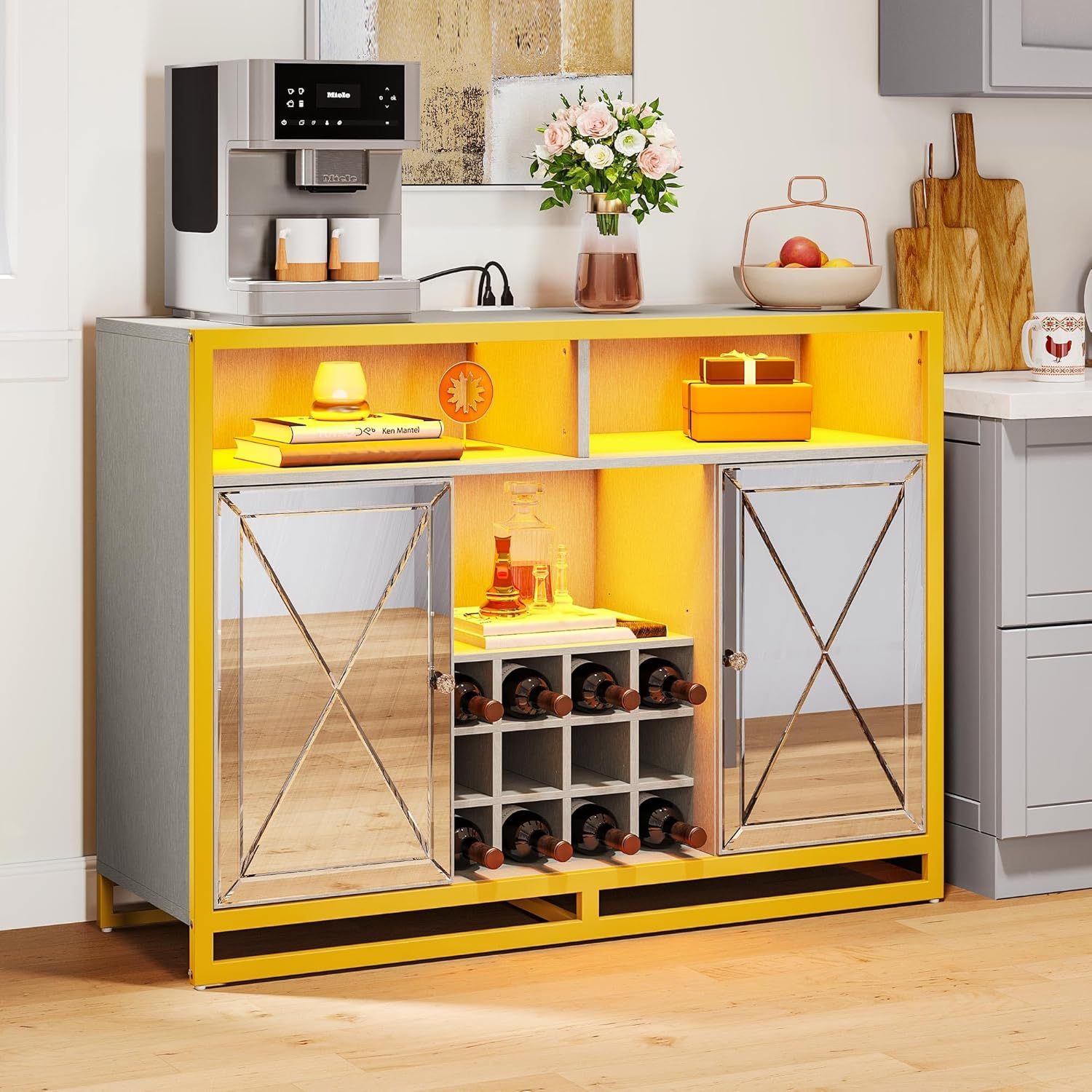 Bar Cabinet with Power Outlets, Coffee Bar Cabinet w/Led Lights and Removable Wine Rack, Storage Buffet Cabinet for Liquor