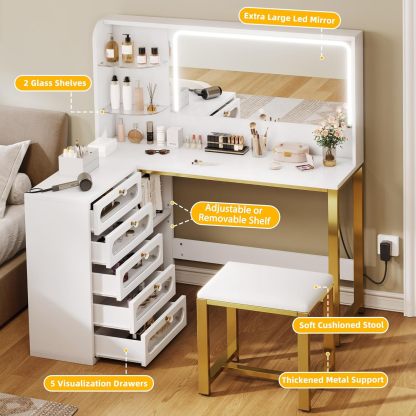 Vanity Desk Set- L Makeup Vanity with Mirror and Lights 3 Lighting Modes, 48" Large Dressing Table with 5 Tempered Glass Drawers with Open Storage Shelves Vanity Table, White