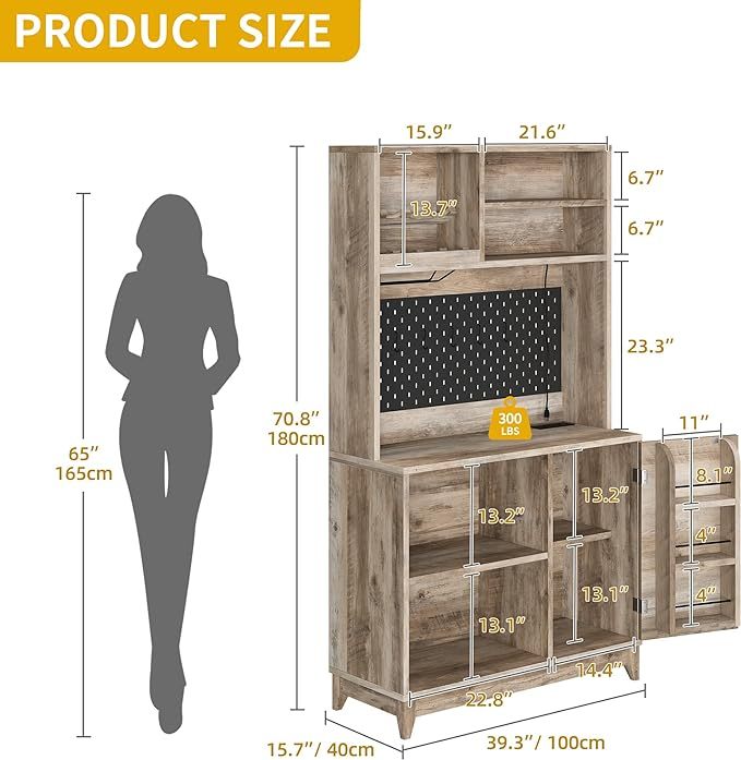 Farmhouse Pantry Cabinet - 71" Kitchen Pantry with Lights & Charging Station Hutch Cabinet with Storage